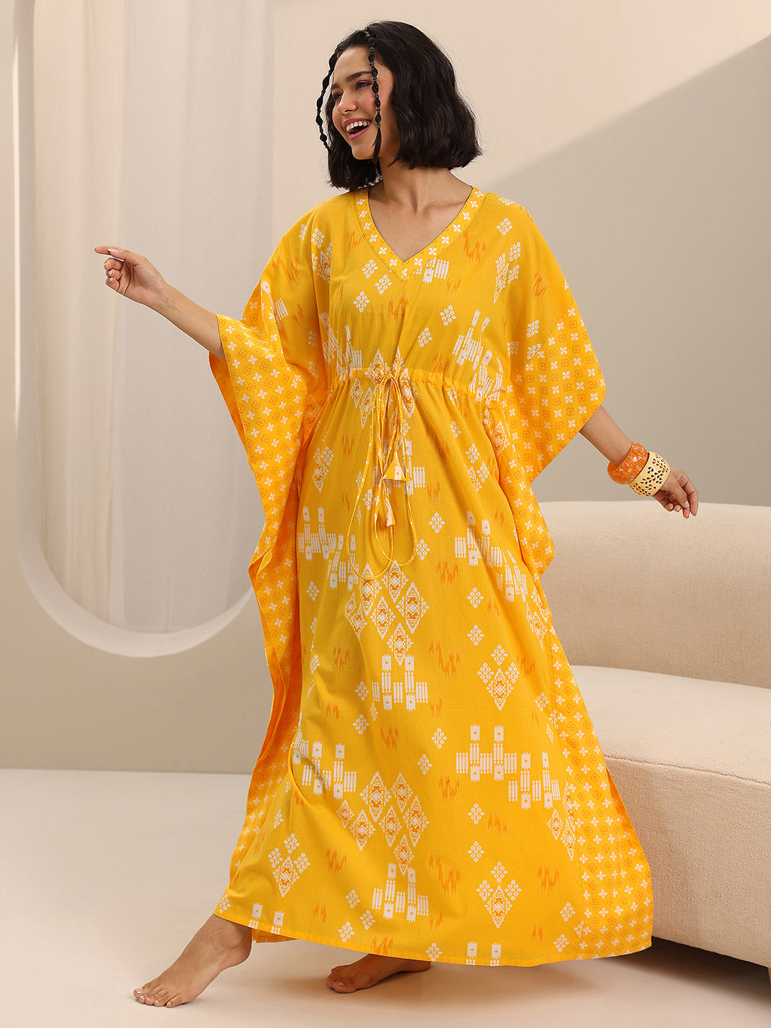 Yellow Printed Cotton Kaftan Night Dress 