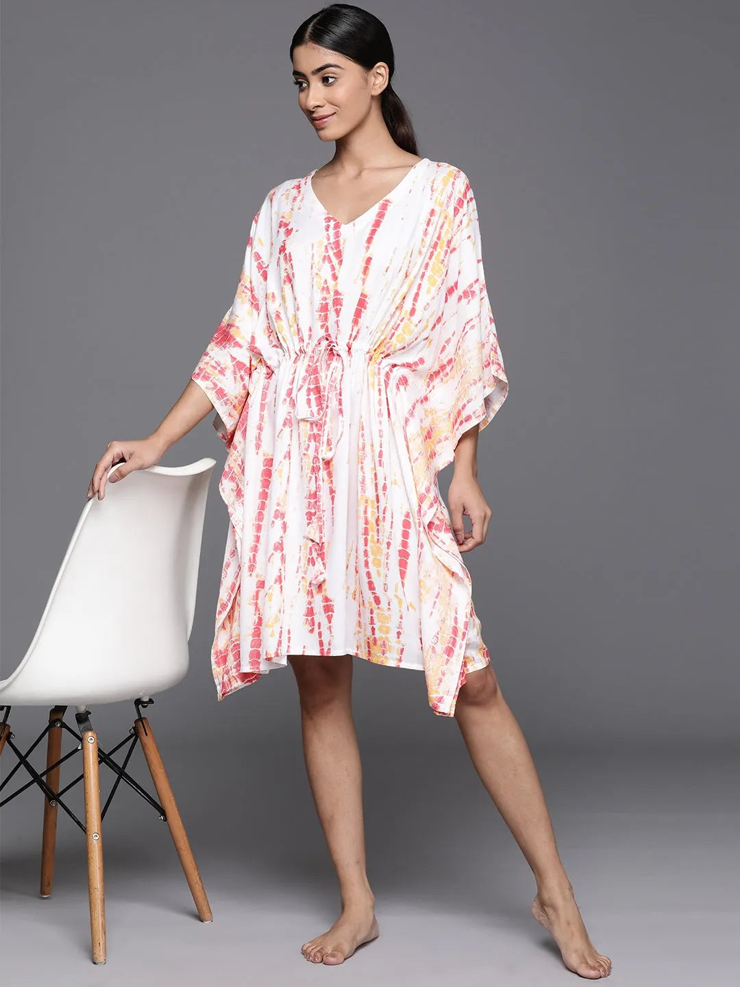White rayon printed kaftan nightdress with tie-up details