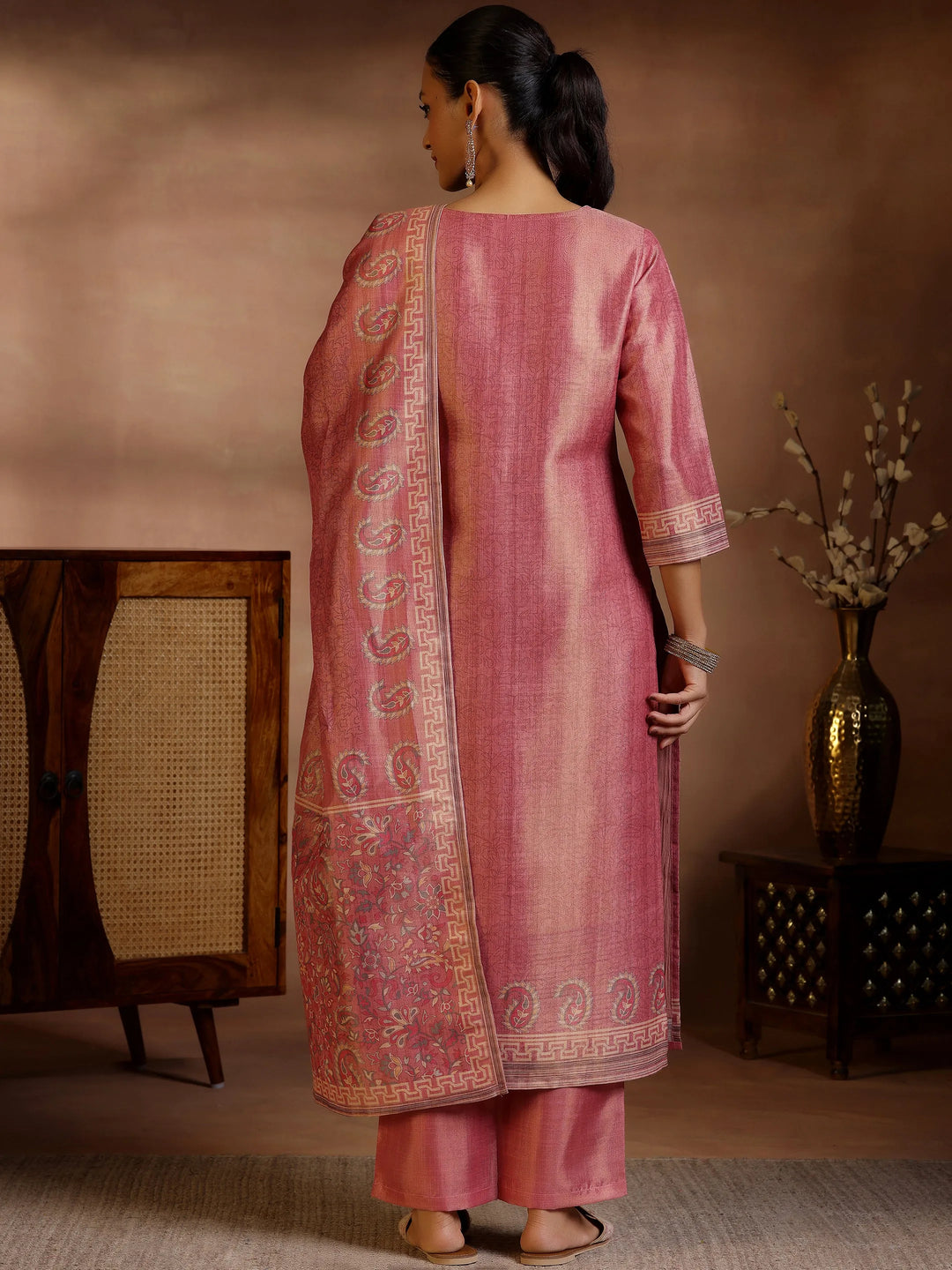  Pink Printed Silk Straight Suit With Dupatta 