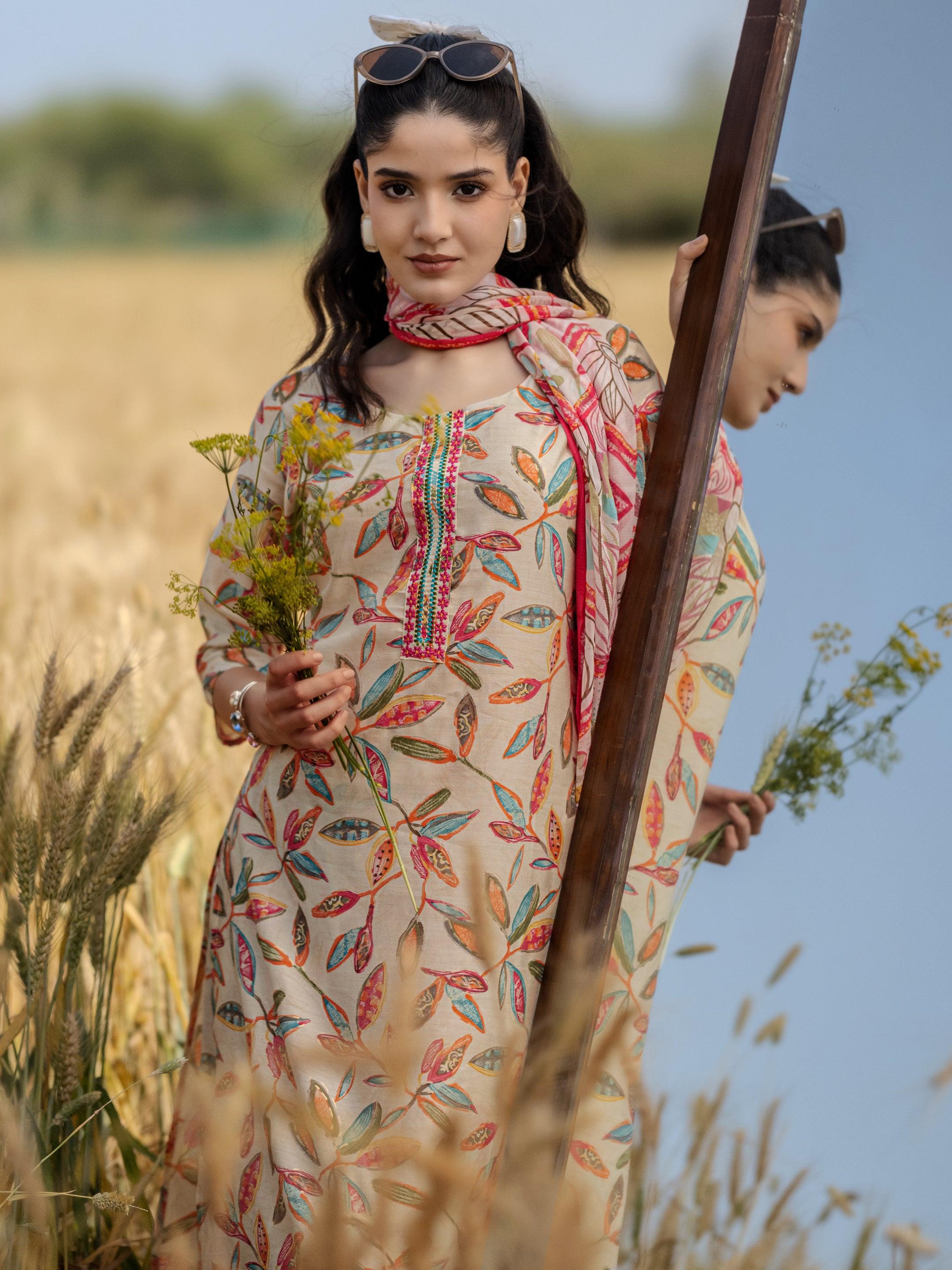 libas Off white Printed Silk Blend Straight Suit Set With Dupatta-picture-59
