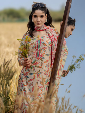 Off white Printed Silk Blend Straight Suit Set With Dupatta