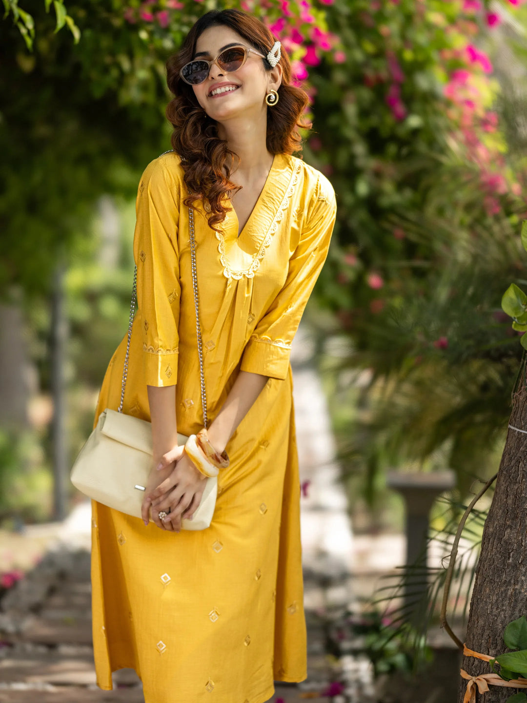 Yellow Embroidered Silk Blend A-Line Kurta Set