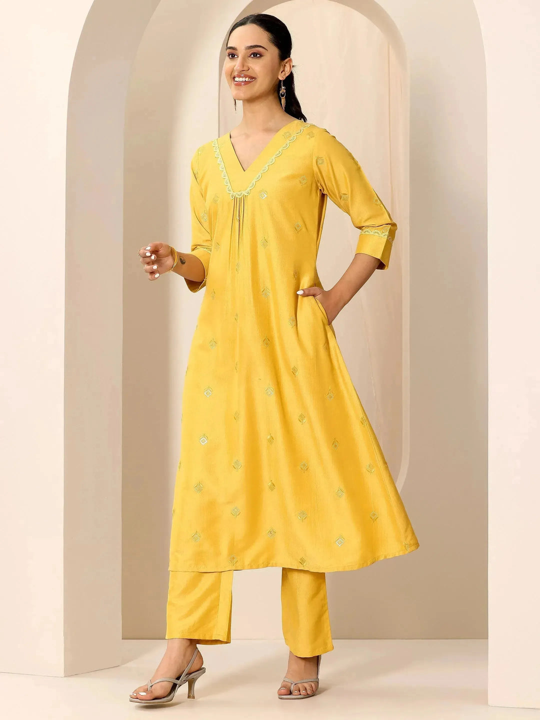  Yellow Embroidered Silk Blend A-Line Kurta Set 