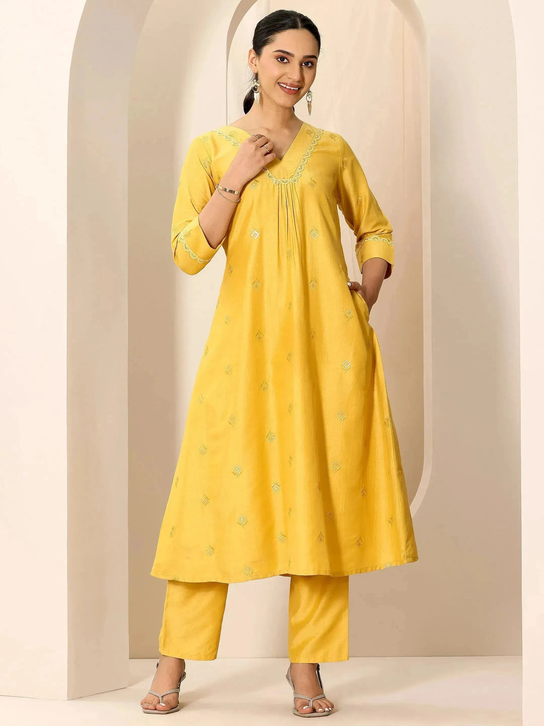  Yellow Embroidered Silk Blend A-Line Kurta Set 