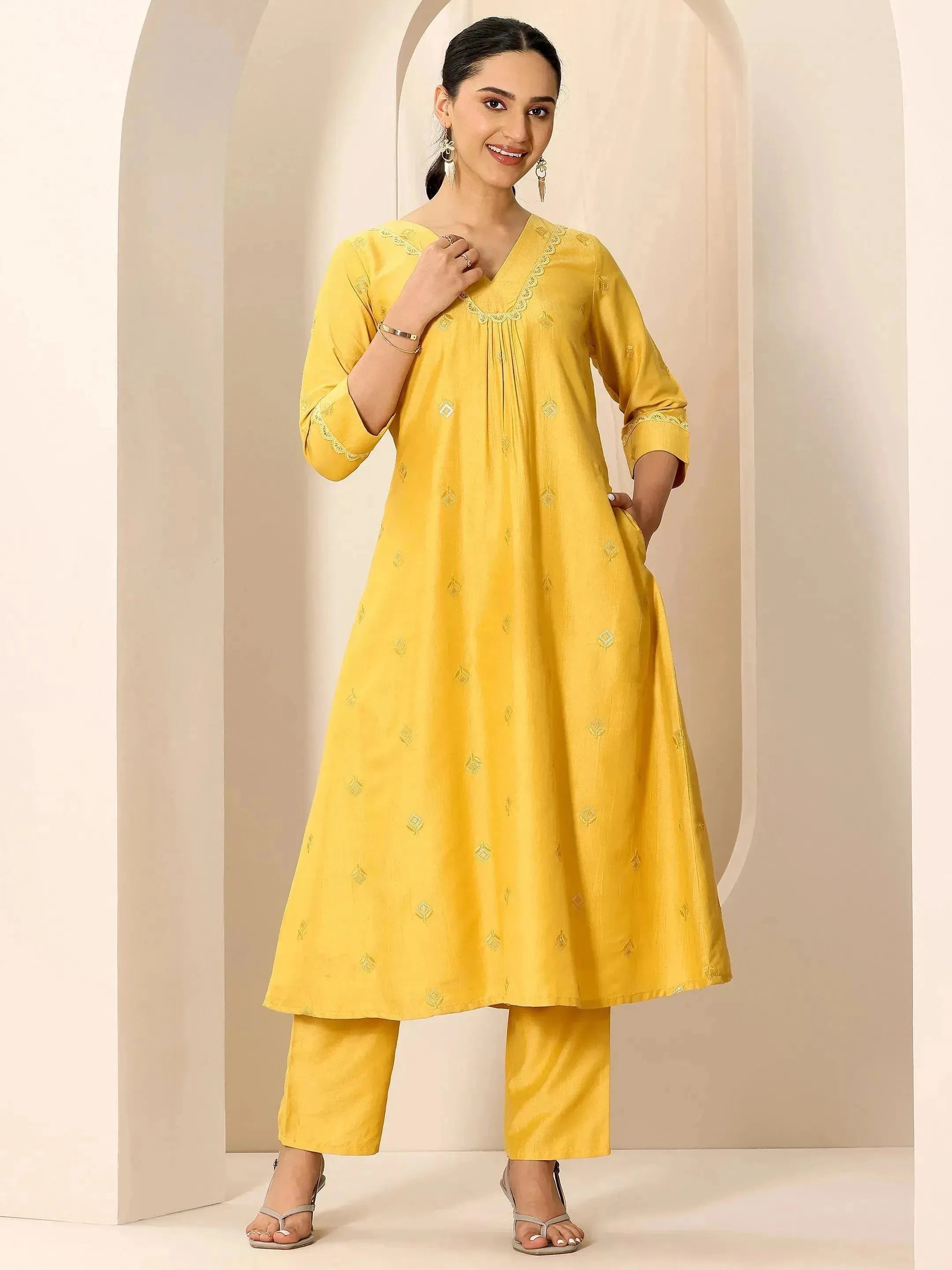 libas Yellow Embroidered Silk Blend A-Line Kurta Set-picture-20