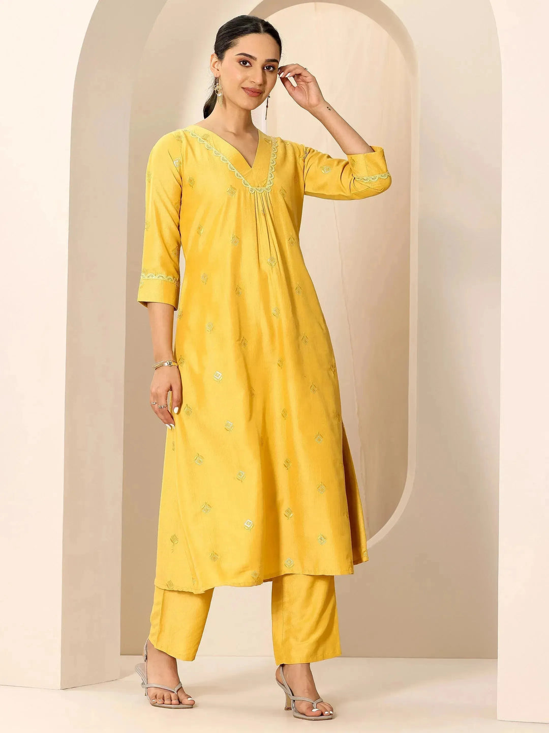  Yellow Embroidered Silk Blend A-Line Kurta Set 