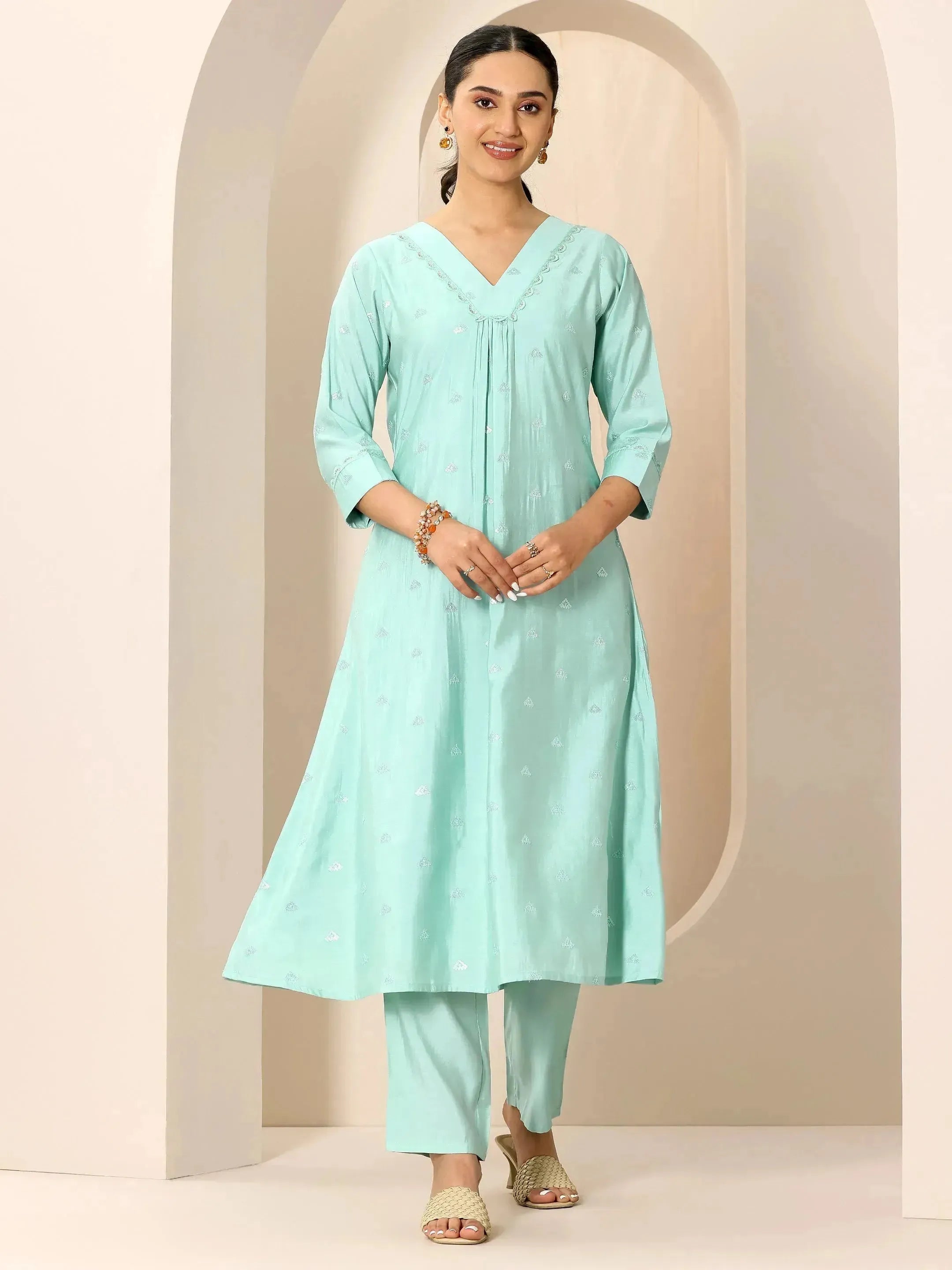 libas Blue Embroidered Silk Blend A-Line Kurta Set-picture-66
