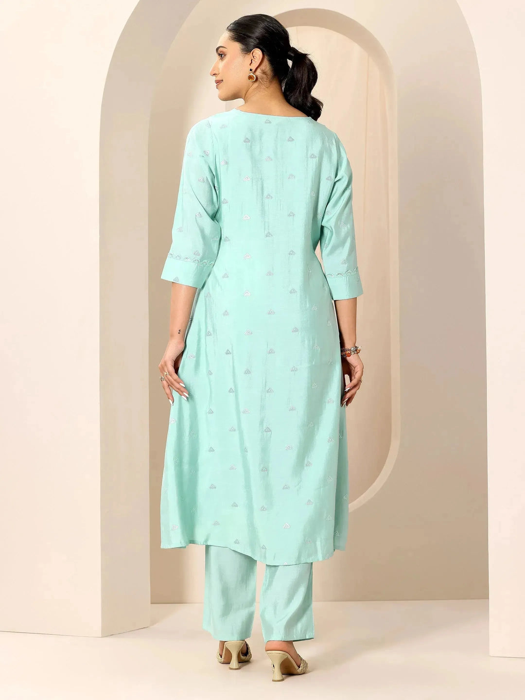  Blue Embroidered Silk Blend A-Line Kurta Set 