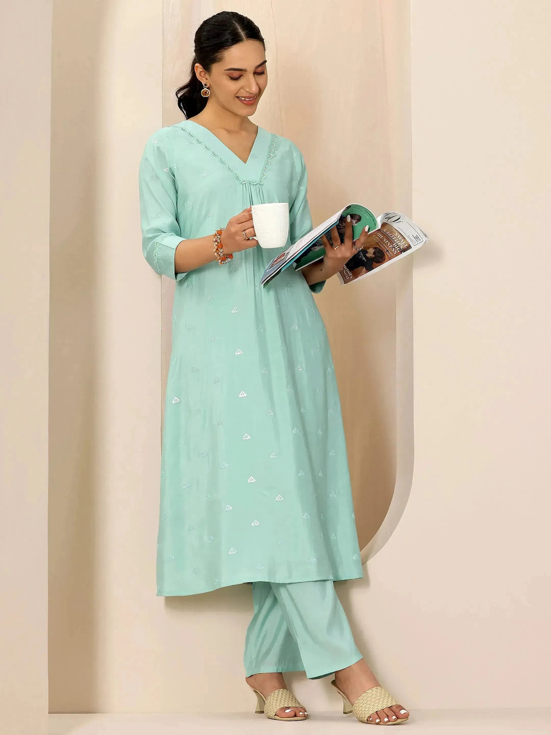  Blue Embroidered Silk Blend A-Line Kurta Set 