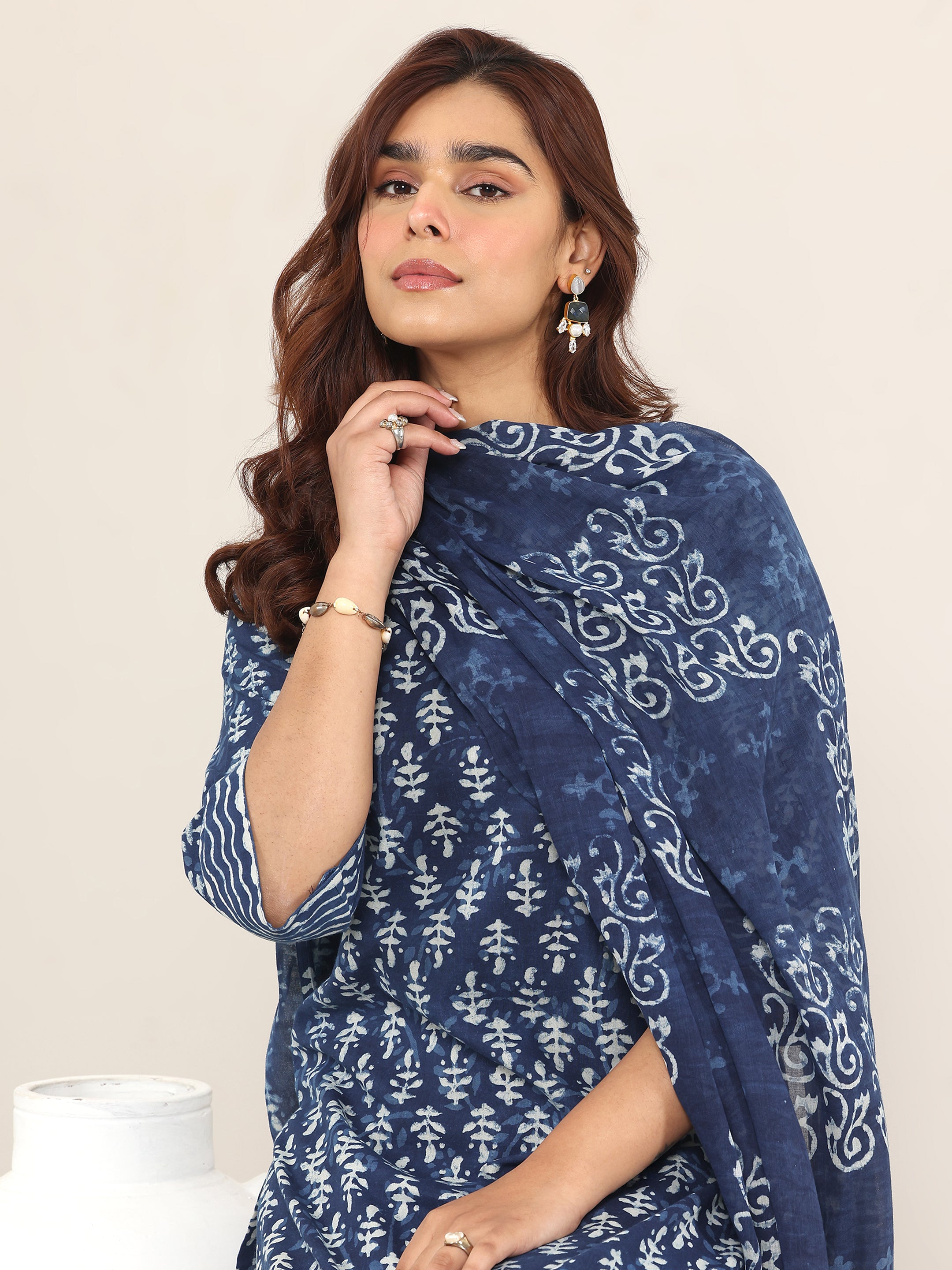Indigo Printed Cotton Straight Suit With Dupatta-image-45