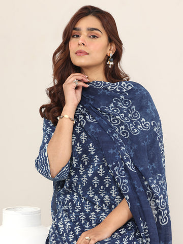 Libas Indigo Printed Cotton Straight Suit With Dupatta