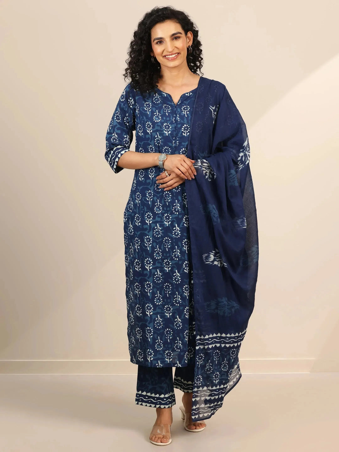  Indigo Printed Cotton Straight Suit Set With Dupatta 