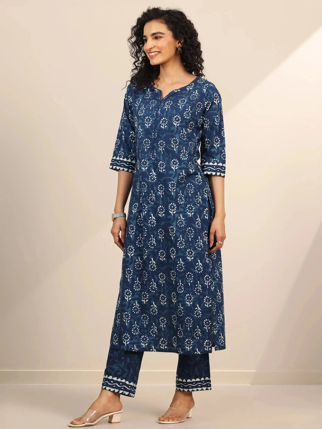  Indigo Printed Cotton Straight Suit Set With Dupatta 