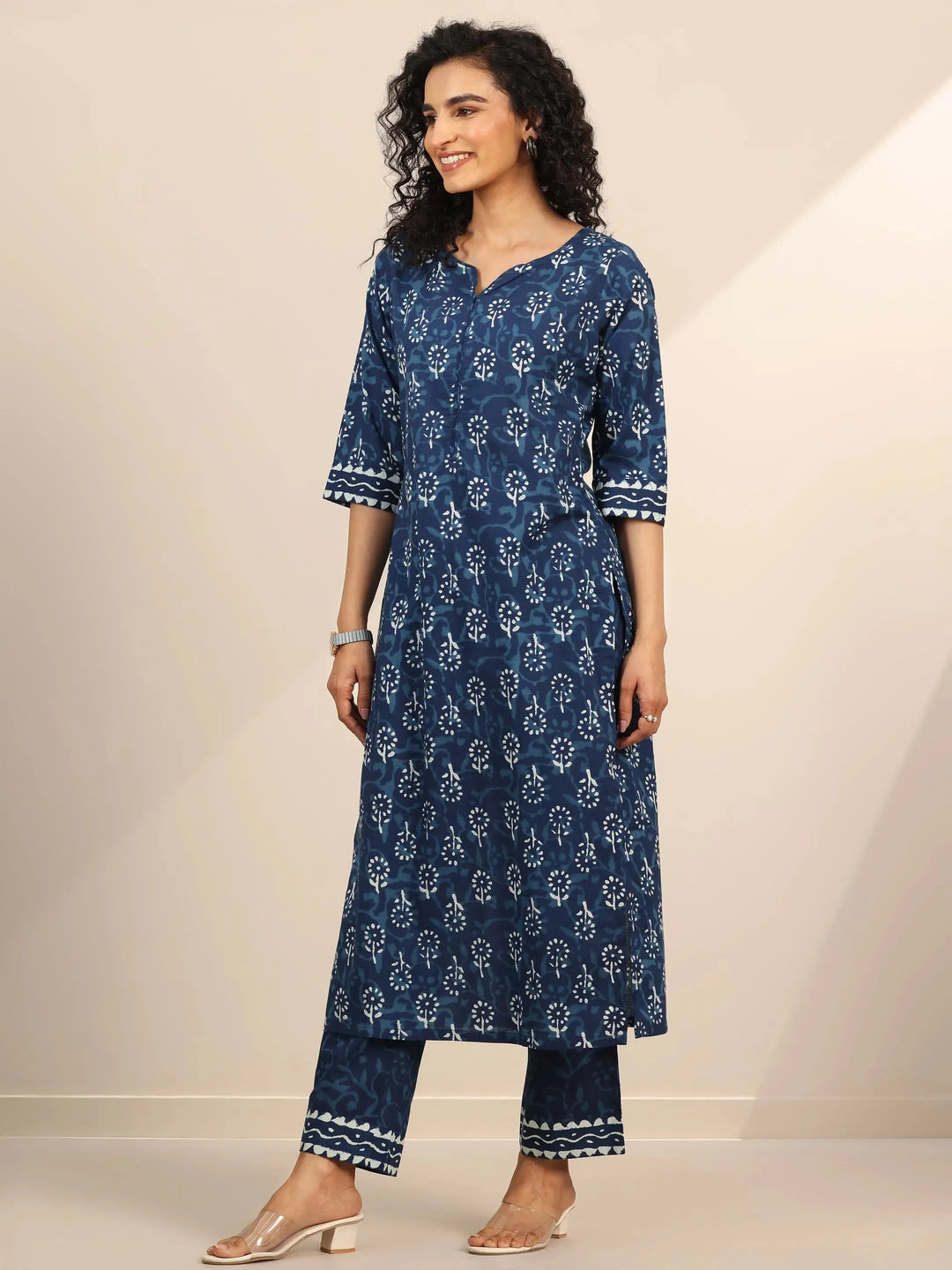  Indigo Printed Cotton Straight Suit Set With Dupatta 