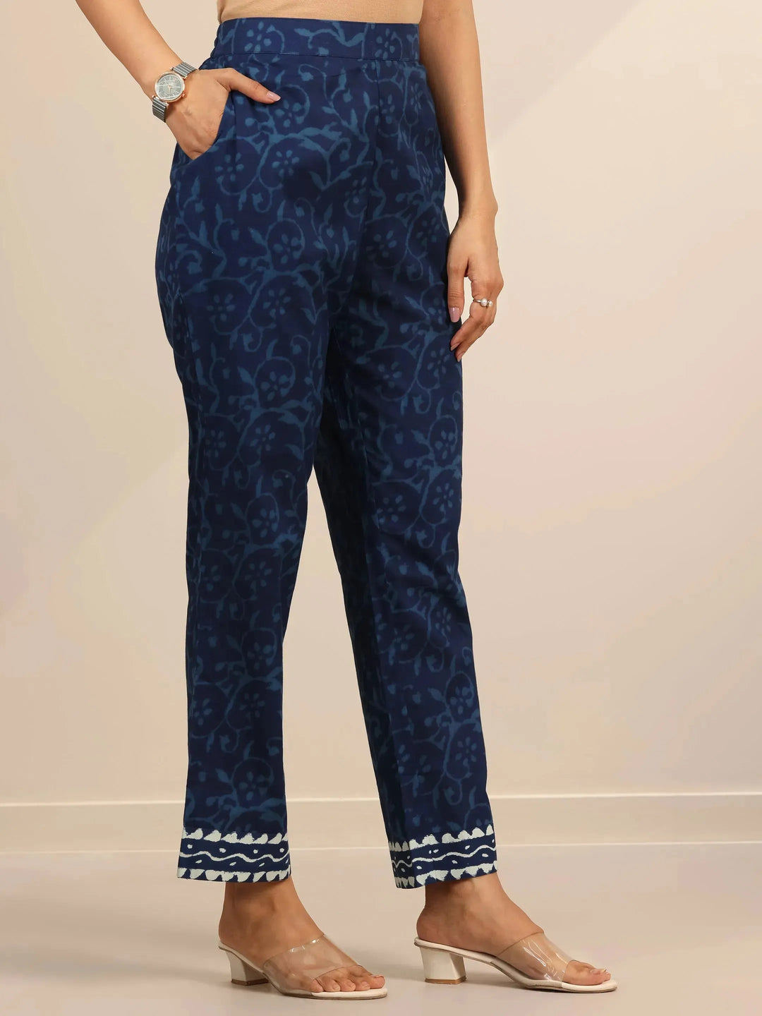  Indigo Printed Cotton Straight Suit Set With Dupatta 