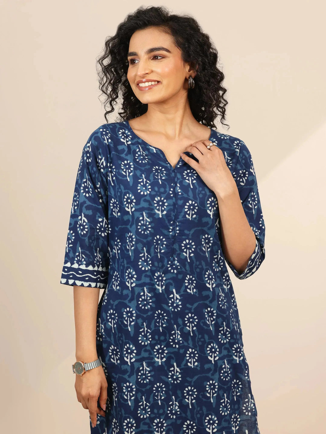 Indigo Printed Cotton Straight Suit Set With Dupatta 