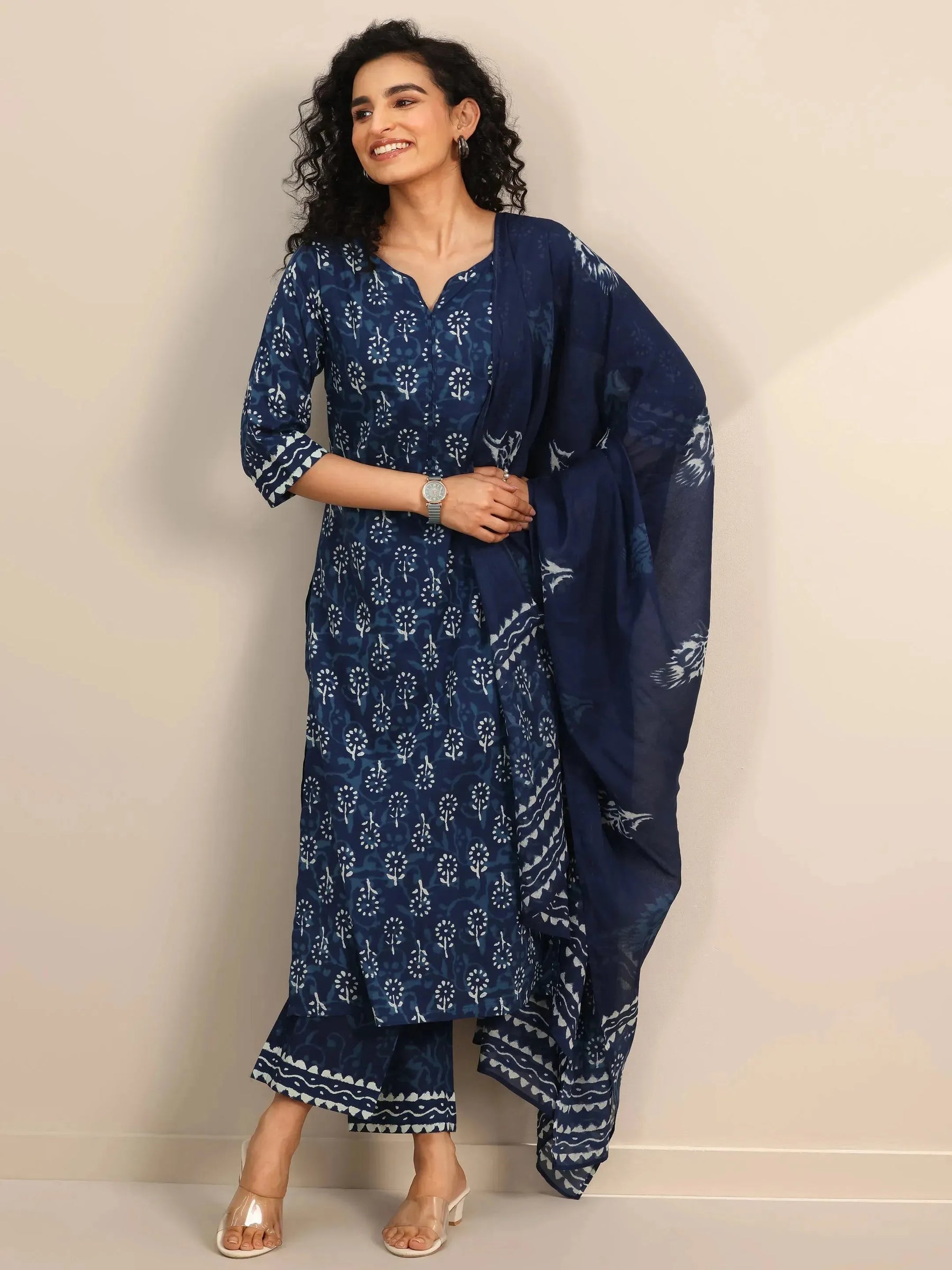 Indigo Printed Cotton Straight Suit Set With Dupatta