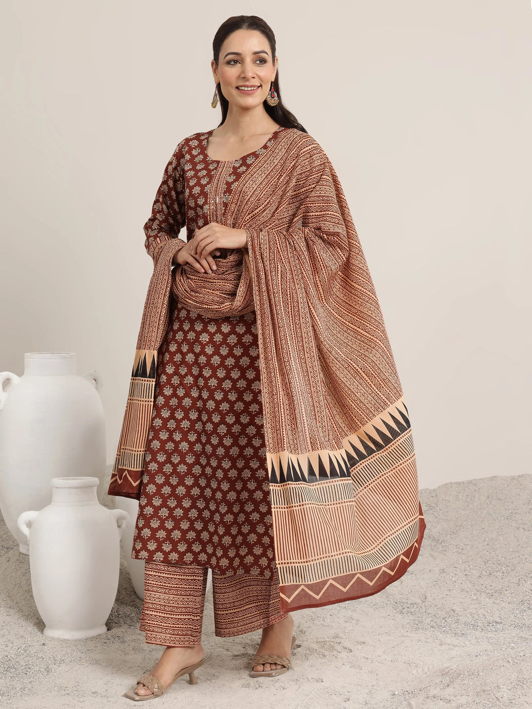  Maroon Printed Cotton Straight Suit Set With Dupatta 