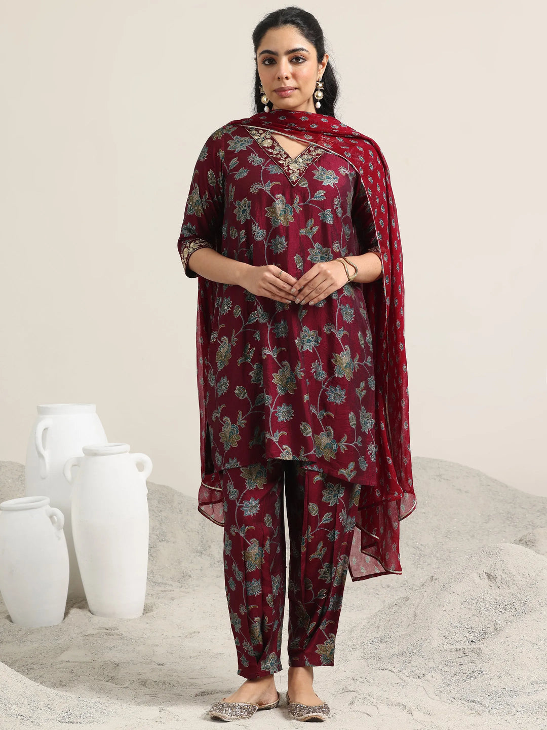 Maroon Printed Silk Blend Straight Suit With Dupatta