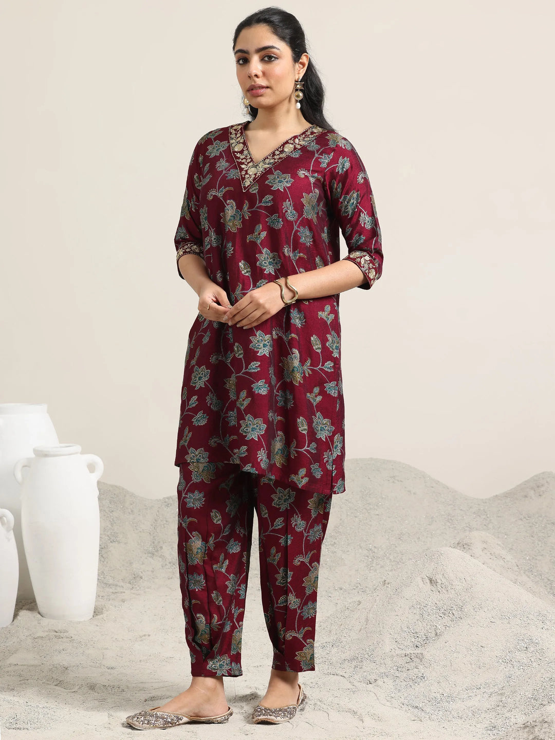  Maroon Printed Silk Blend Straight Suit With Dupatta 
