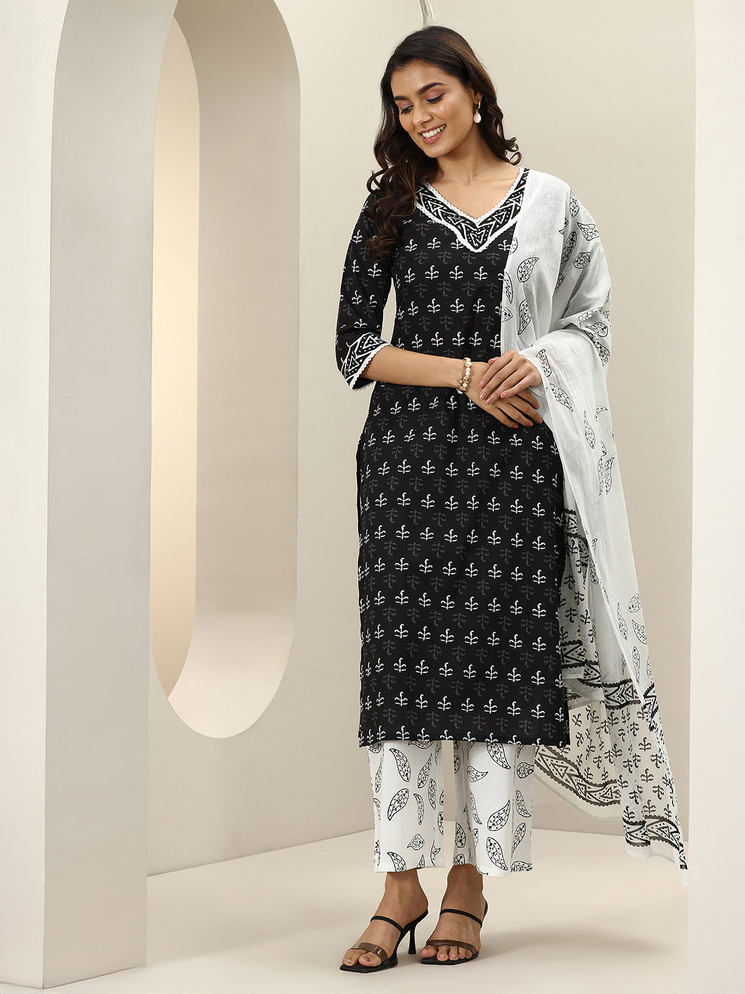  Black Printed Cotton Straight Suit Sets With Dupatta 