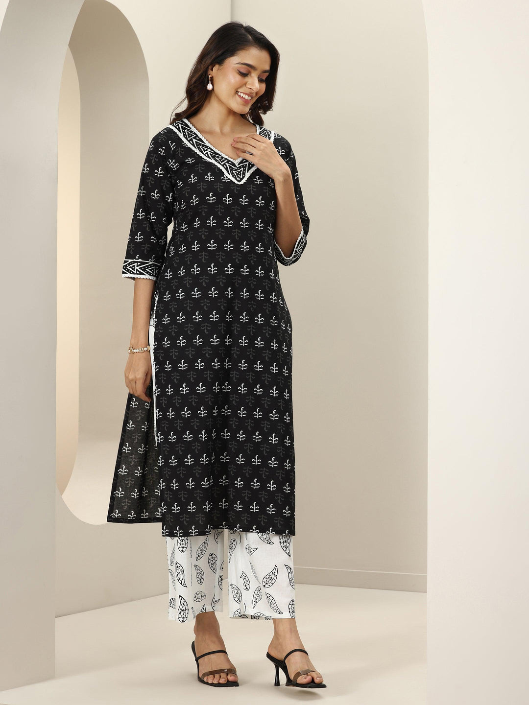  Black Printed Cotton Straight Suit Sets With Dupatta 