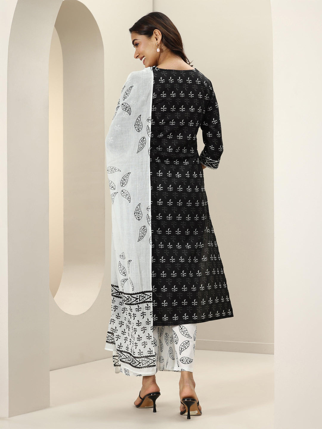  Black Printed Cotton Straight Suit Sets With Dupatta 