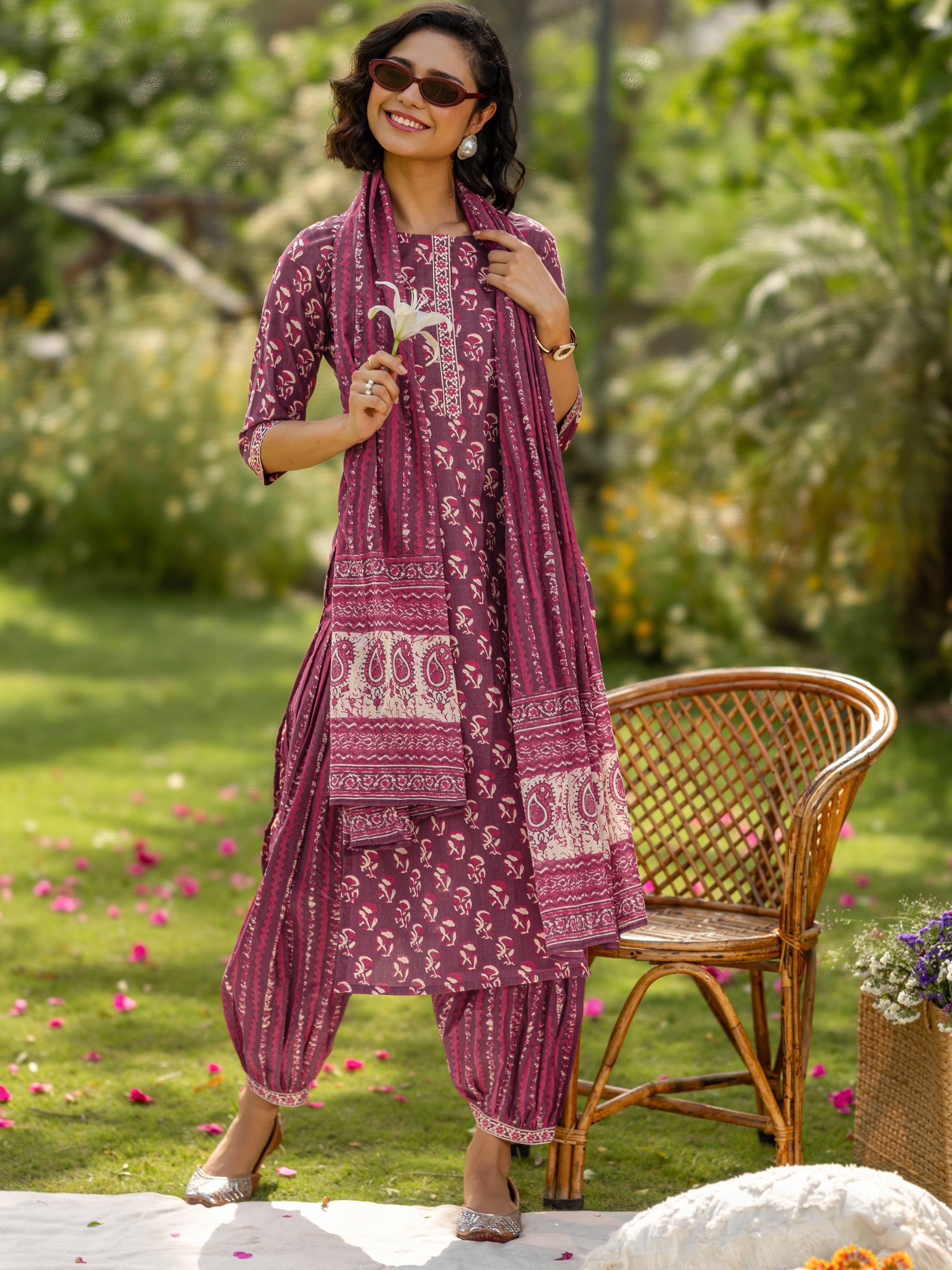 Mauve Printed Cotton Straight Suit Set With Dupatta-image-36