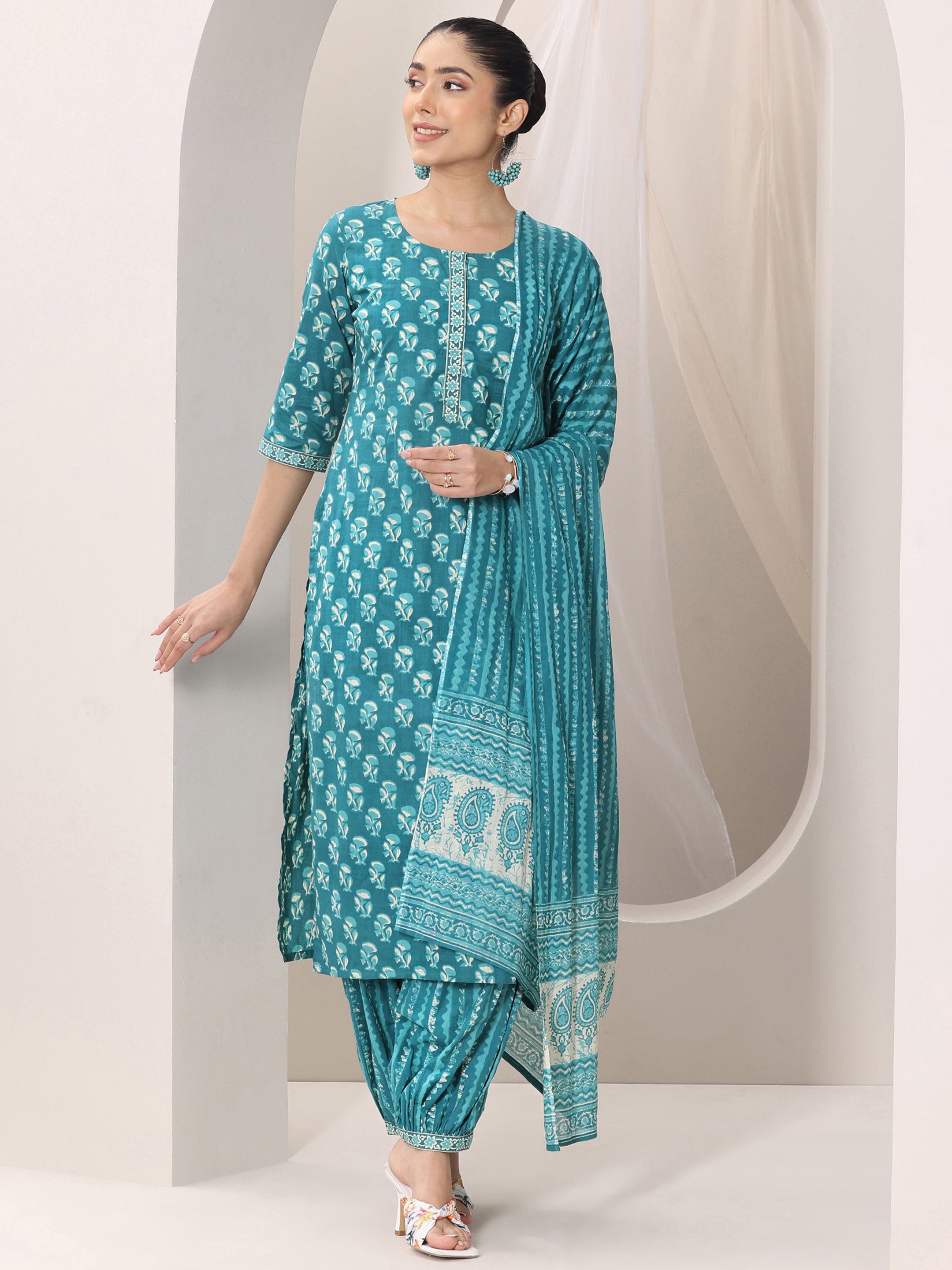 libas Teal Printed Cotton Straight Suit Set With Dupatta-picture-34
