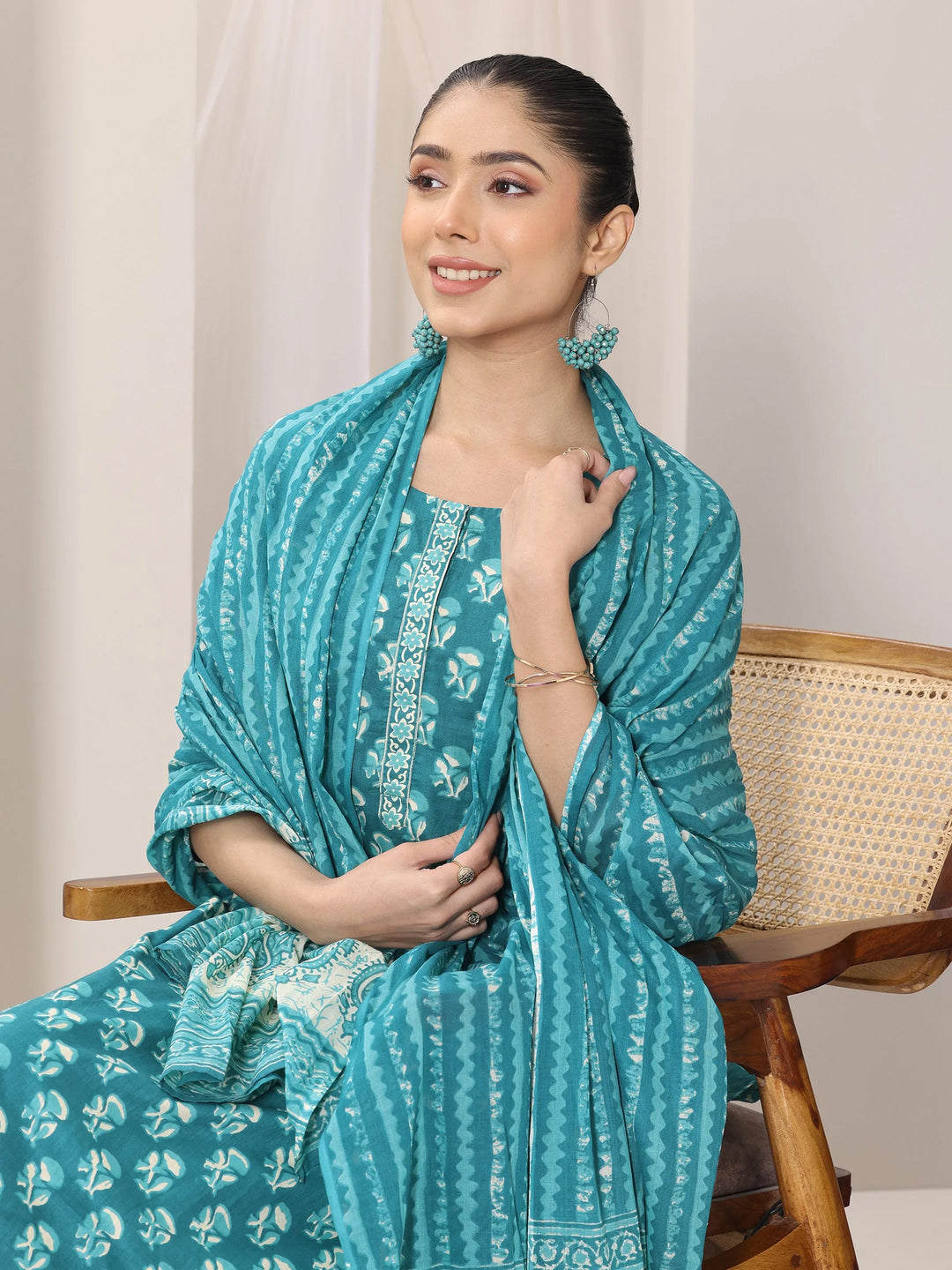  Teal Printed Cotton Straight Suit Set With Dupatta 
