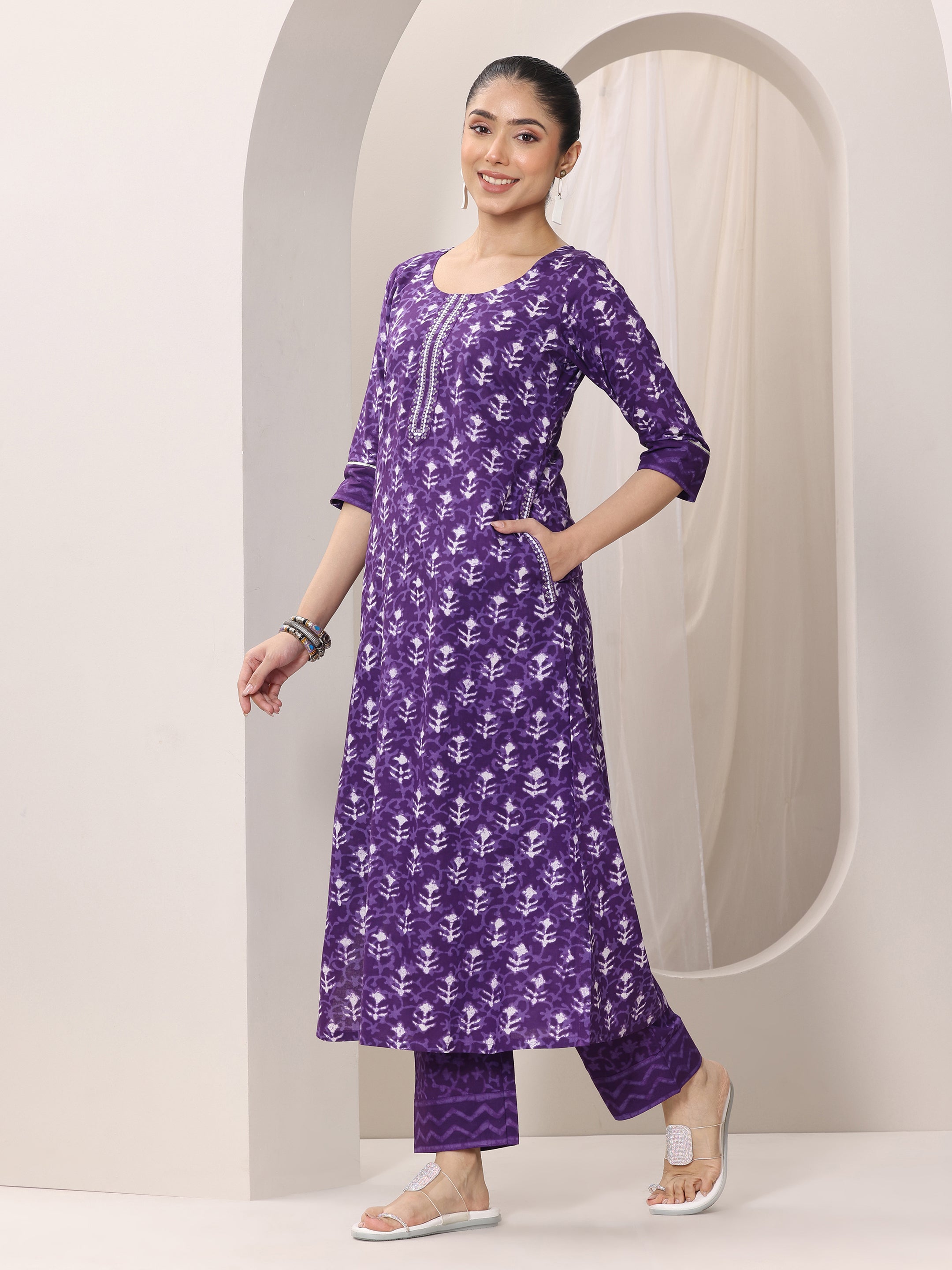 Buy Purple Printed Cotton Straight Suit Set With Dupatta Online at