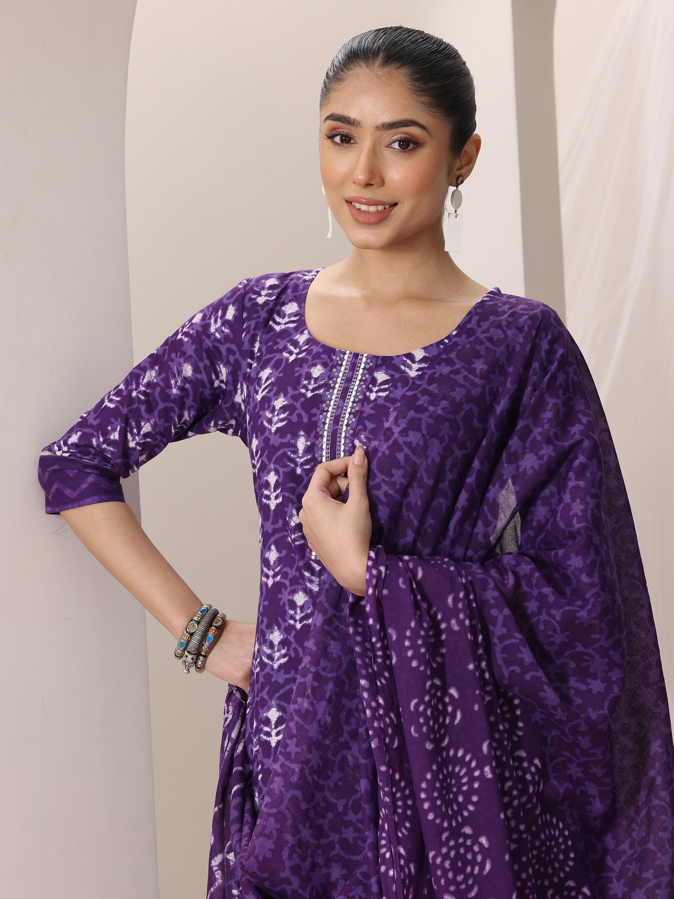 Buy Purple Printed Cotton Straight Suit Set With Dupatta Online at