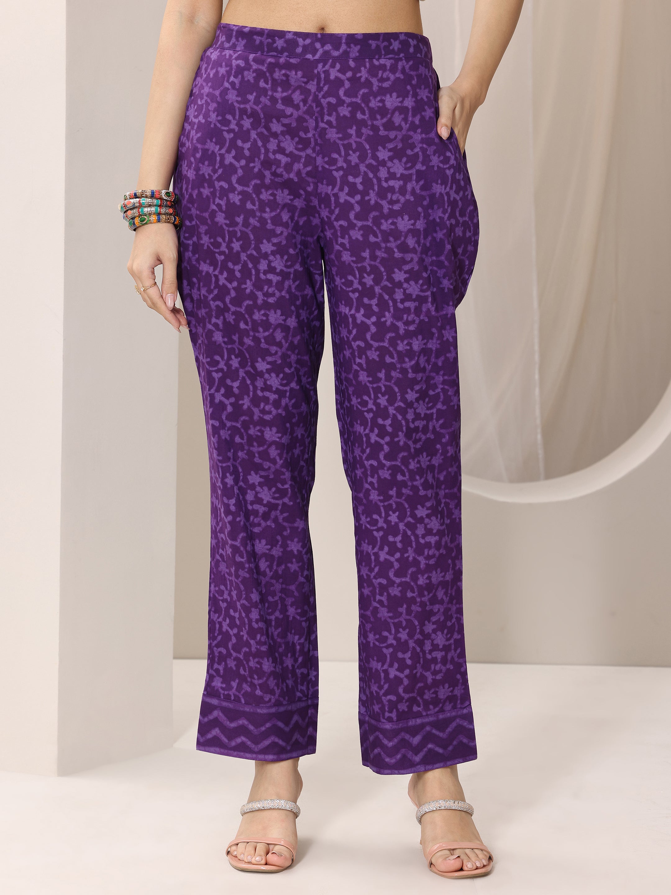 Buy Purple Printed Cotton Straight Suit Set With Dupatta Online at