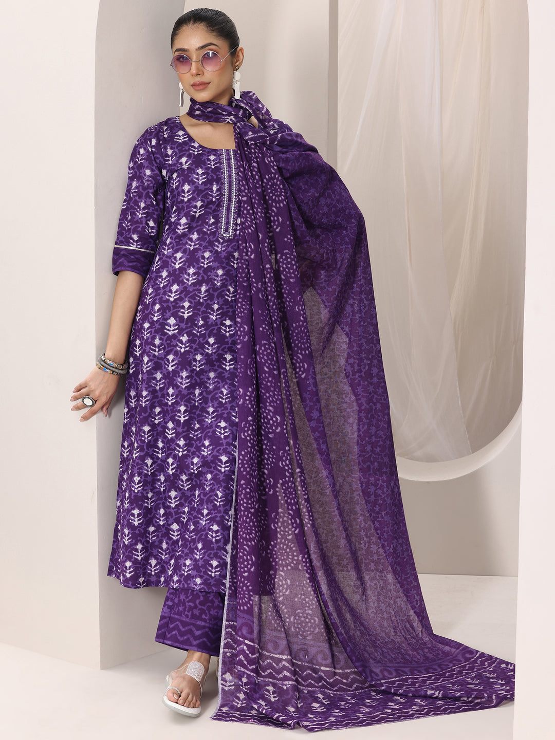  Purple Printed Cotton Straight Suit Set With Dupatta 