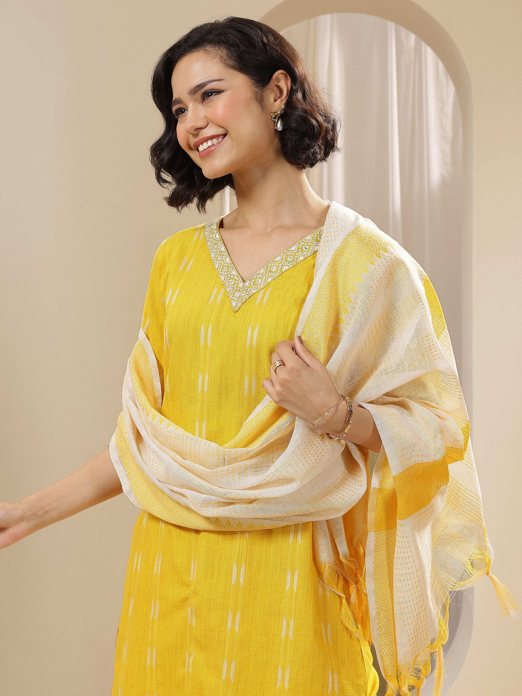 Yellow Self Design Cotton Blend Straight Suit Sets With Dupatta-image-35