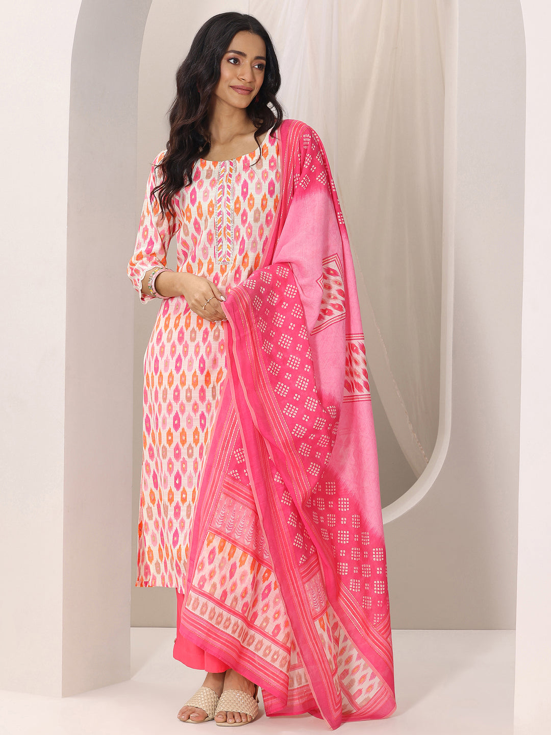 Pink Printed Silk Blend Straight Suit Set With Dupatta