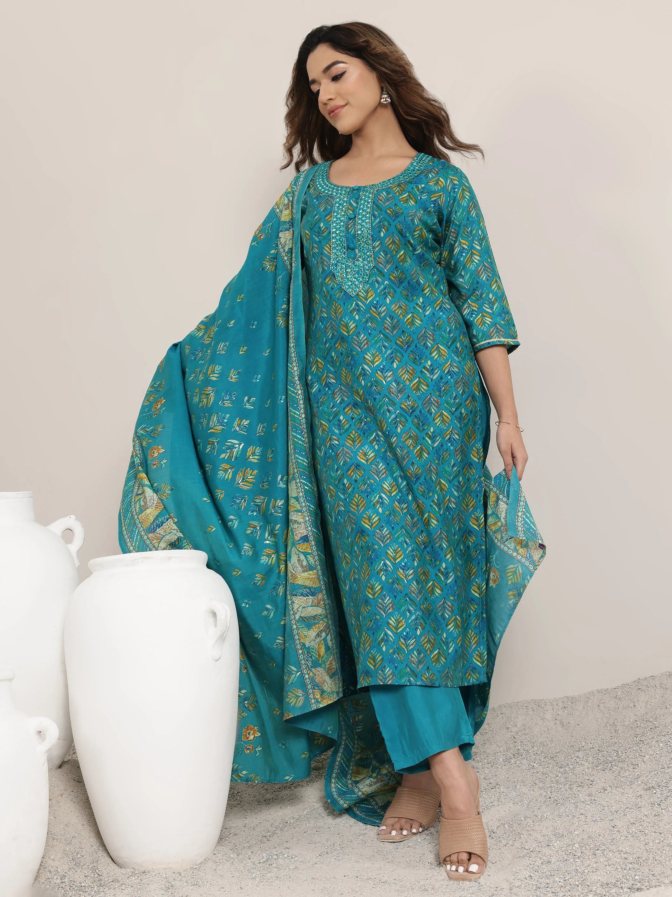 libas Blue Printed Silk Blend Straight Suit Set With Dupatta-picture-41