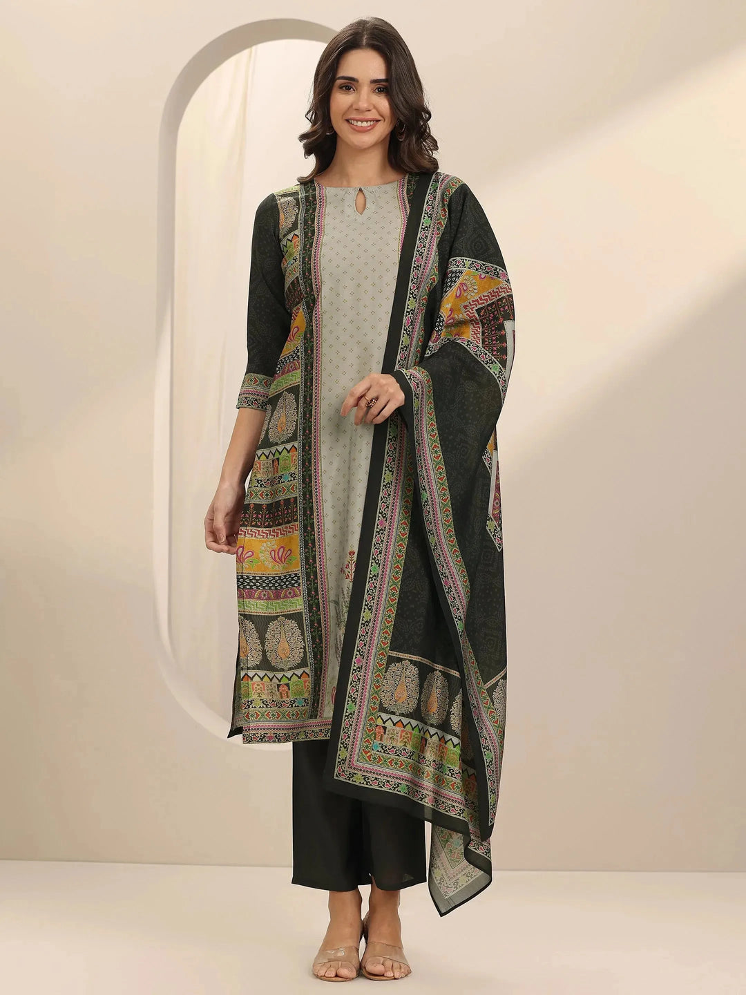  Grey Printed Silk Blend Straight Suit Set With Dupatta 