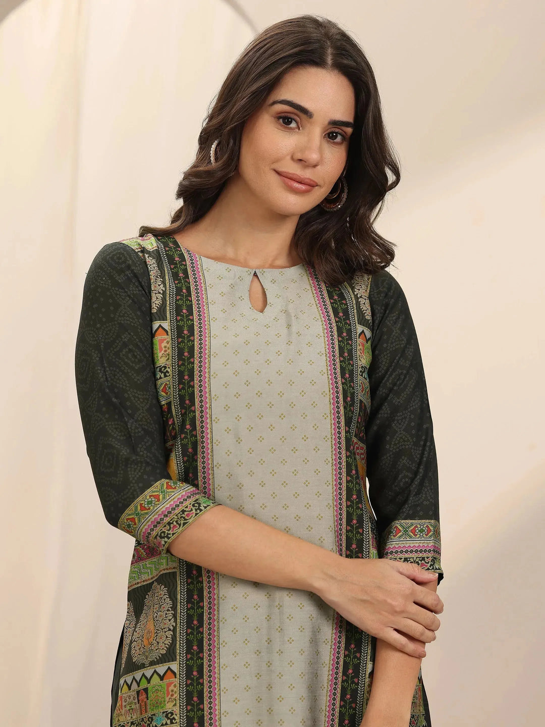  Grey Printed Silk Blend Straight Suit Set With Dupatta 