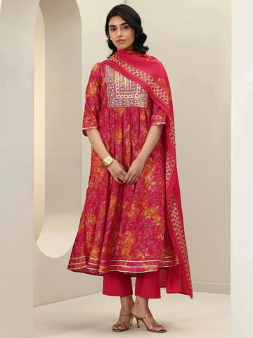 Orange Printed Silk Blend Anarkali Suit Sets With Dupatta