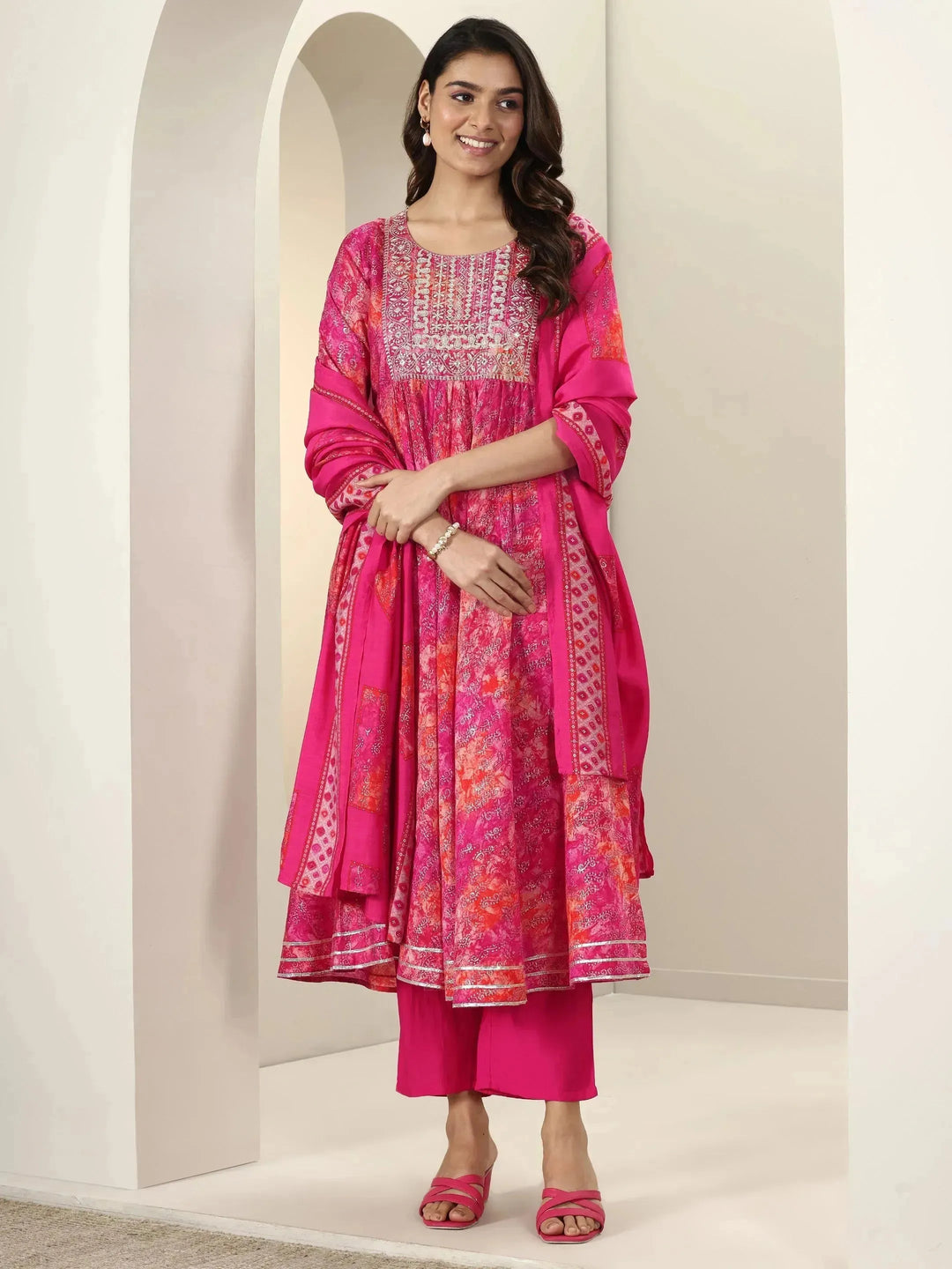  Pink Printed Silk Blend Anarkali Suit Sets With Dupatta 