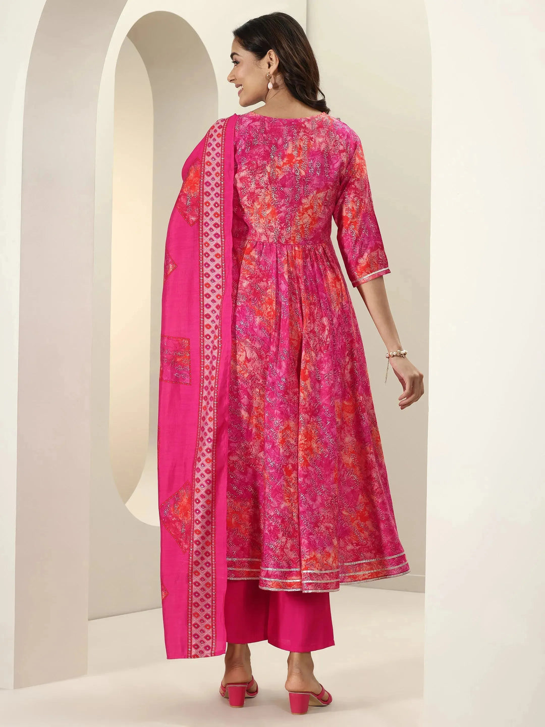  Pink Printed Silk Blend Anarkali Suit Sets With Dupatta 