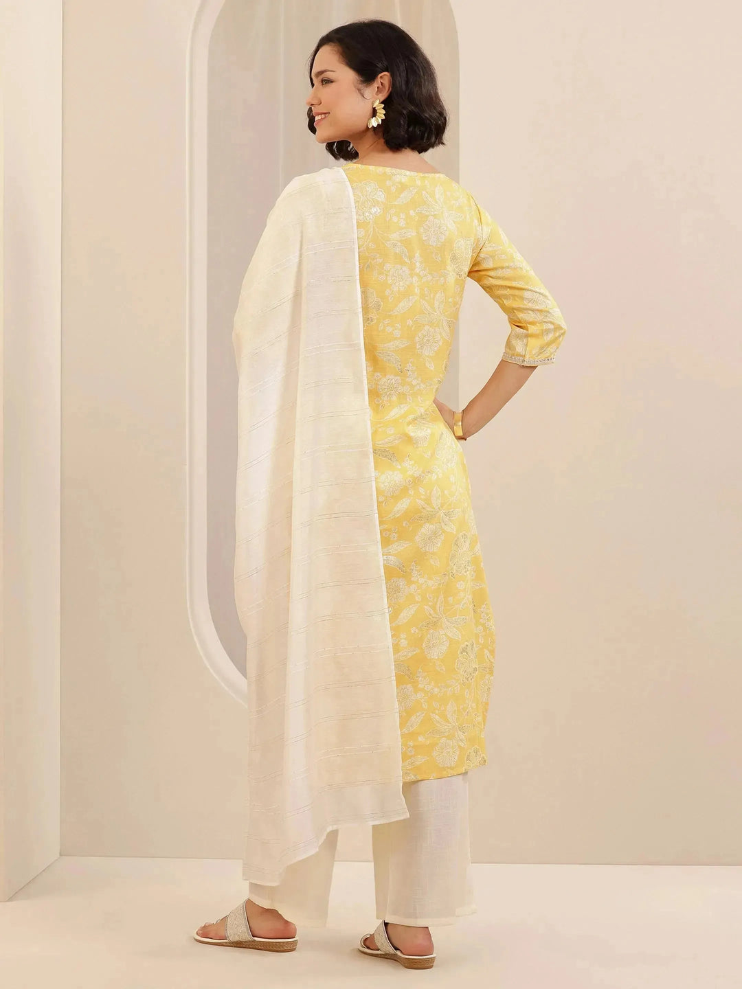  Yellow Printed Cotton Blend Straight Suit Set With Dupatta 
