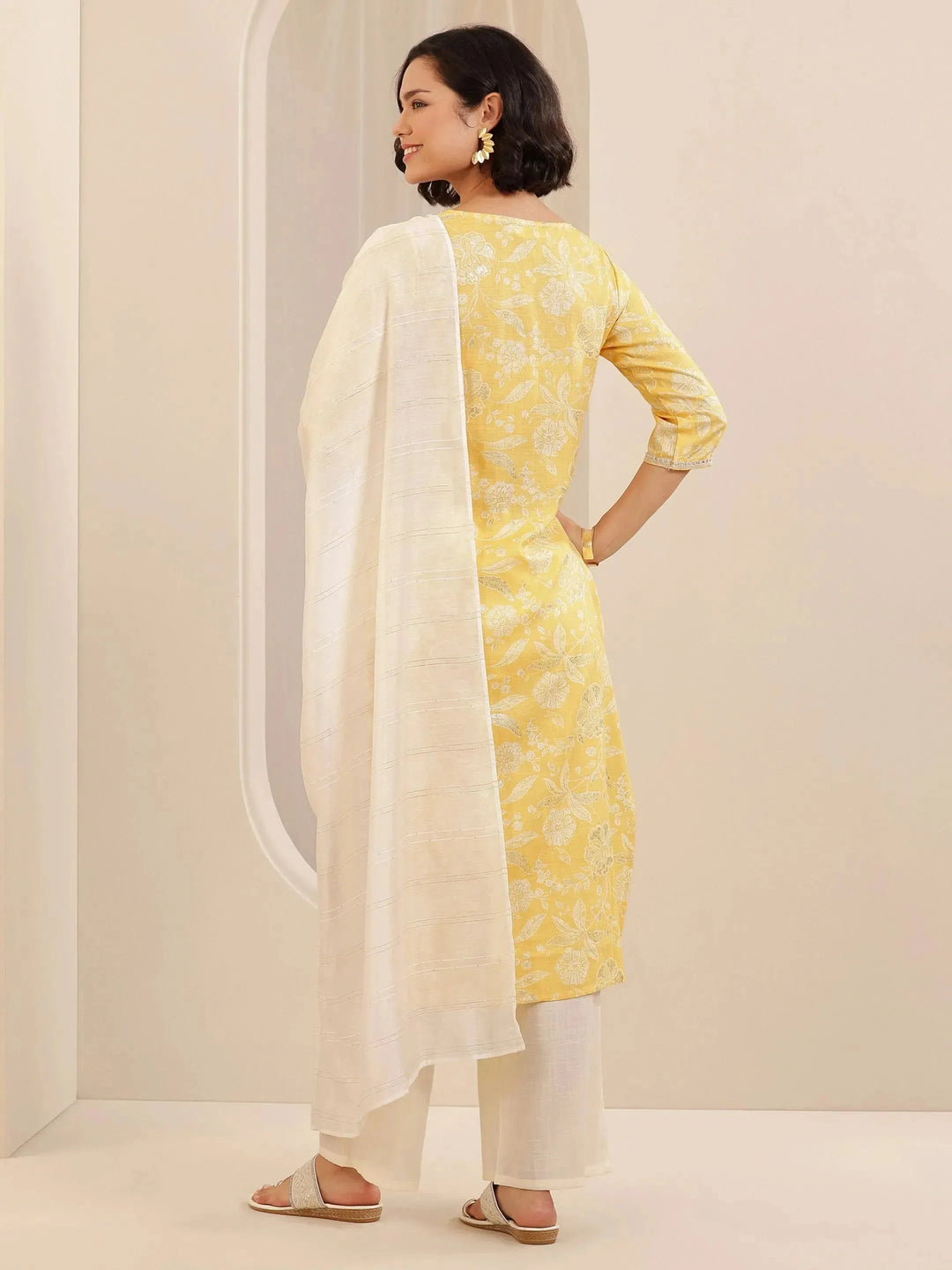  Yellow Printed Cotton Blend Straight Suit Set With Dupatta 