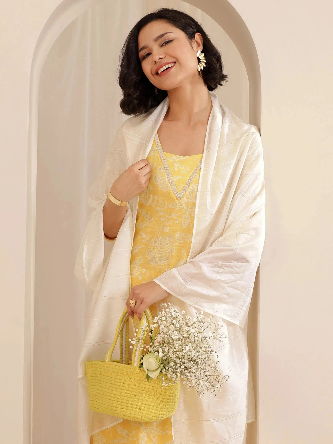  Yellow Printed Cotton Blend Straight Suit Set With Dupatta 