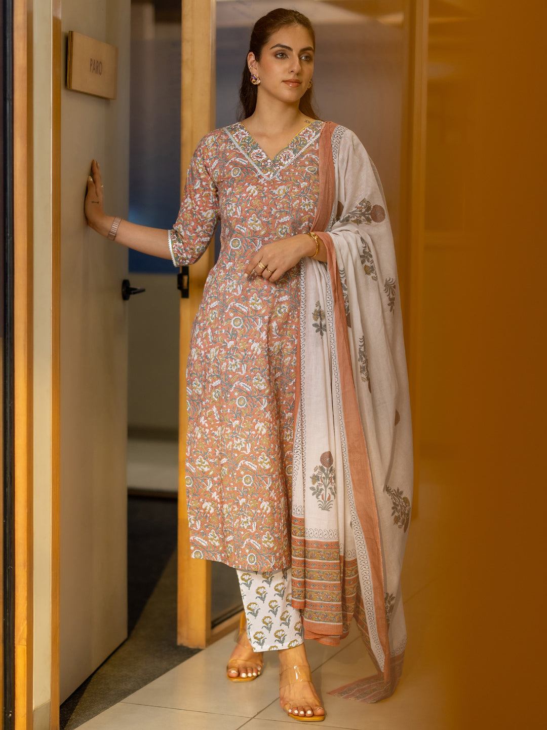  Coral Printed Cotton Straight Suit Set With Dupatta 