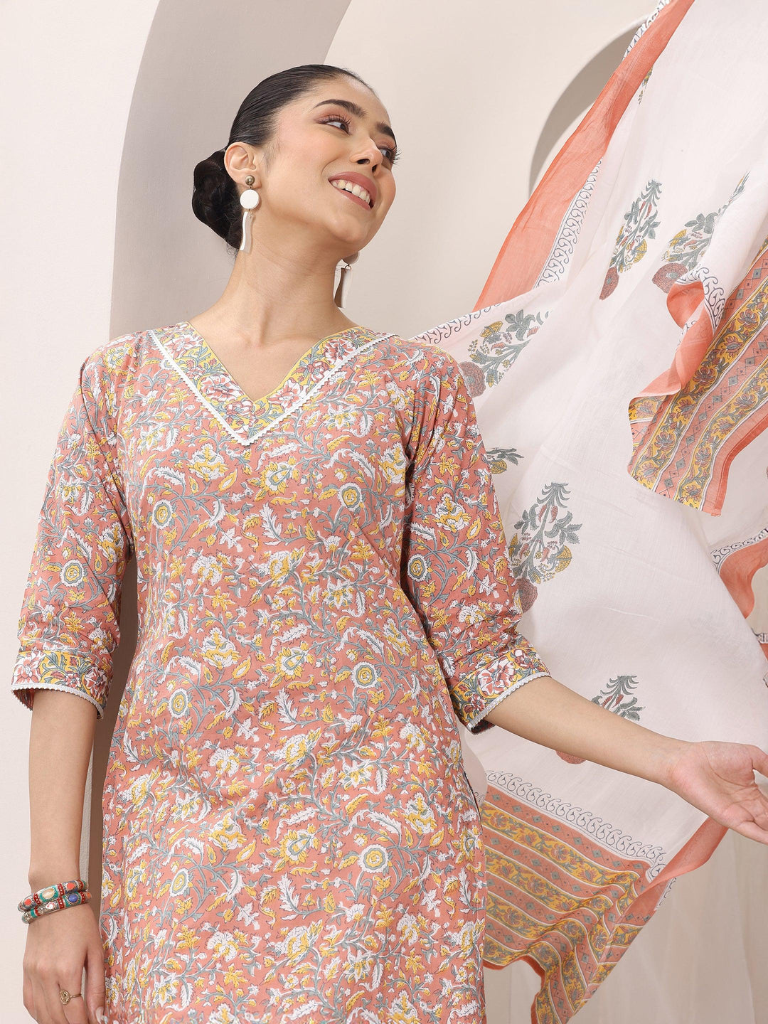  Coral Printed Cotton Straight Suit Set With Dupatta 
