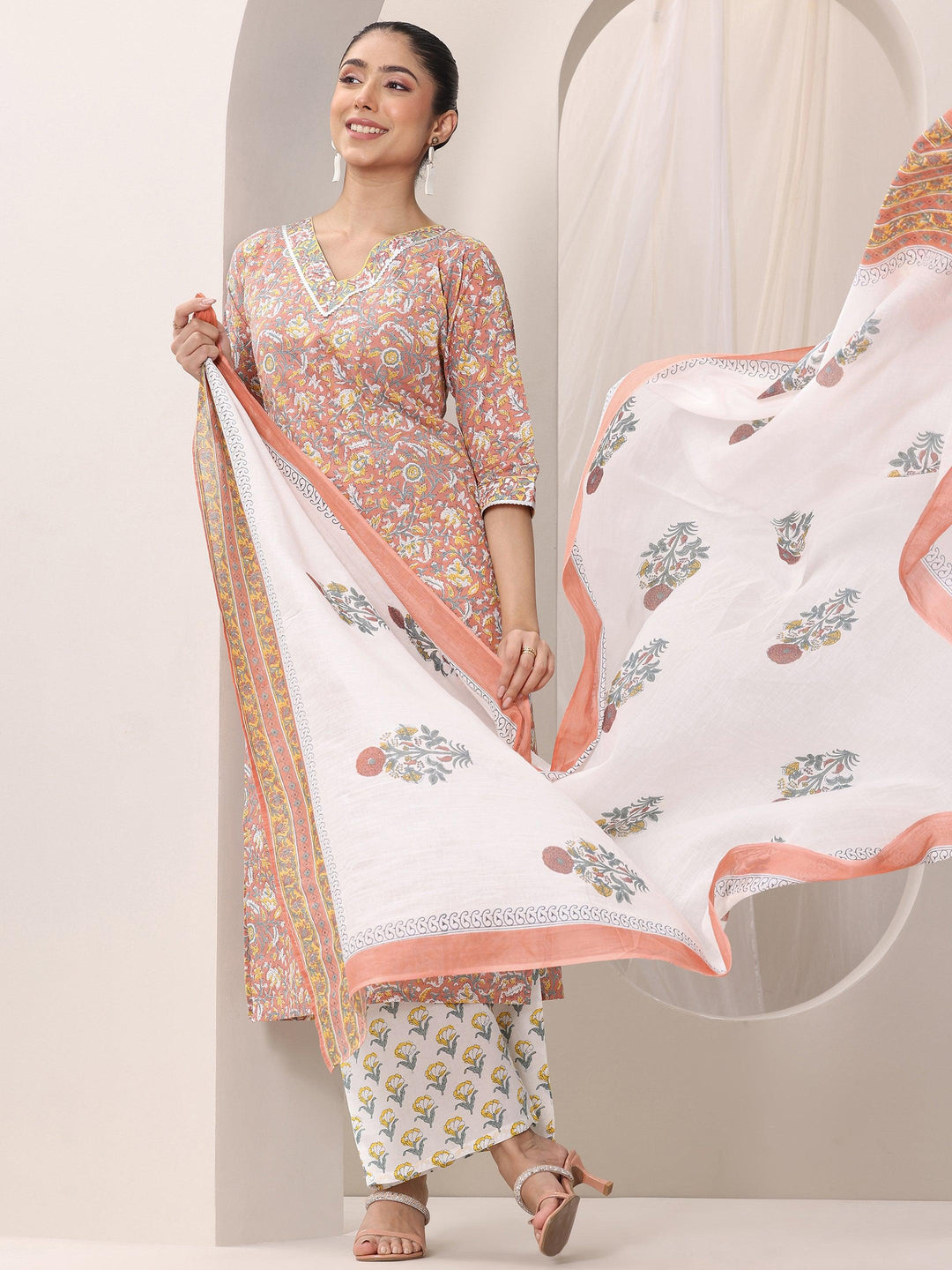 Coral Printed Cotton Straight Suit Set With Dupatta