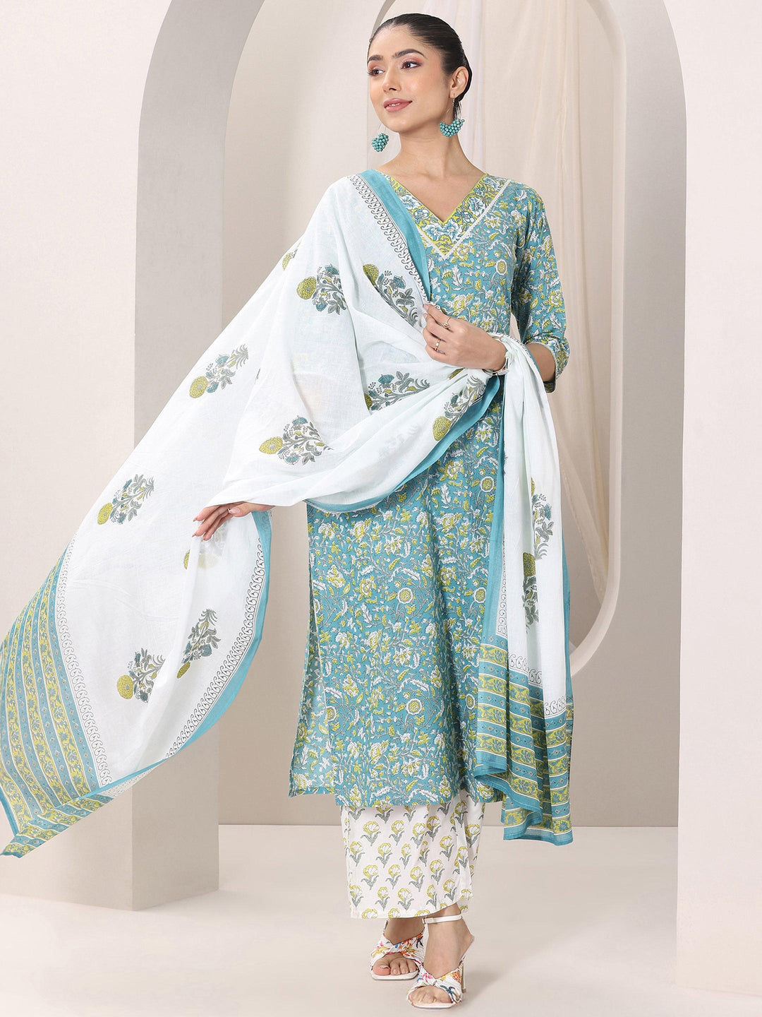 Teal Blue Printed Cotton Straight Suit Set With Dupatta