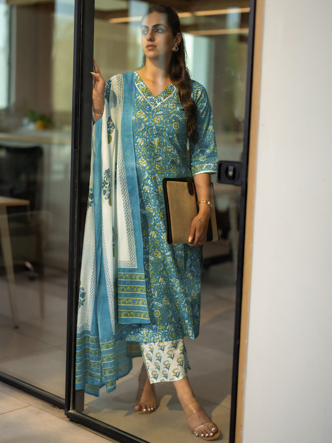 Teal Blue Printed Cotton Straight Suit Set With Dupatta